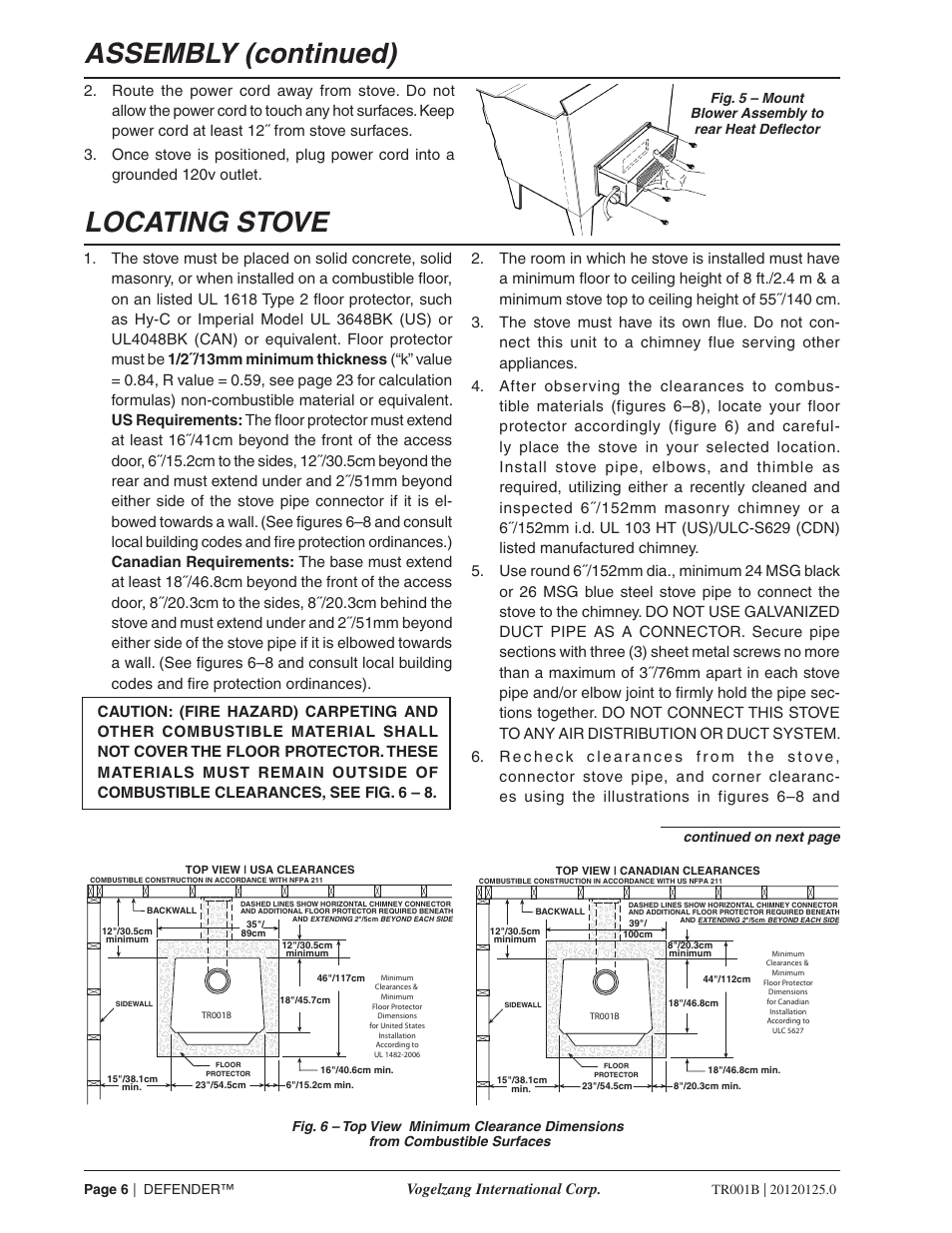 Assembly (continued), Locating stove, Vogelzang international corp | Vogelzang TR001B User Manual | Page 6 / 24