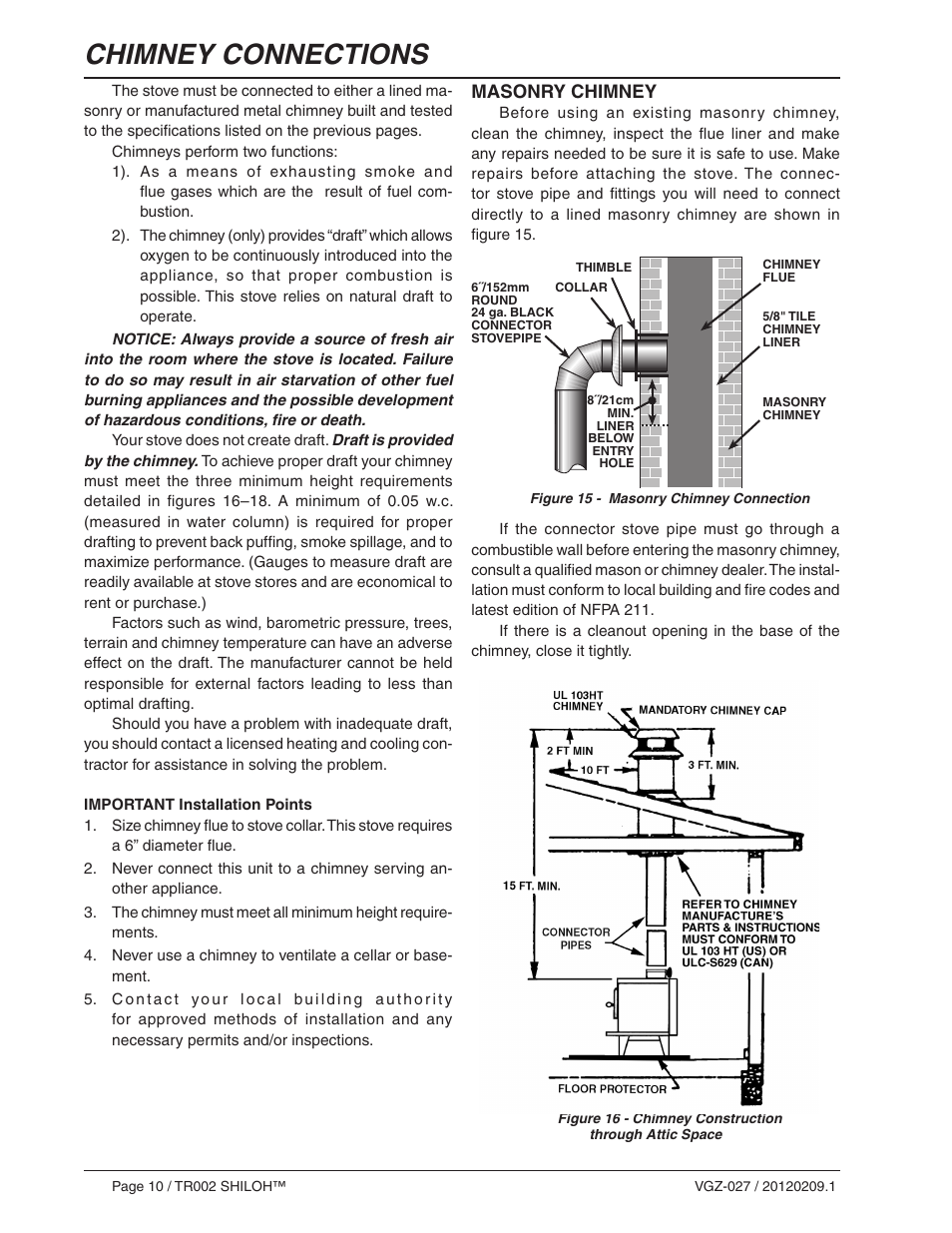 Chimney connections, Masonry chimney | Vogelzang TR002 User Manual | Page 10 / 22