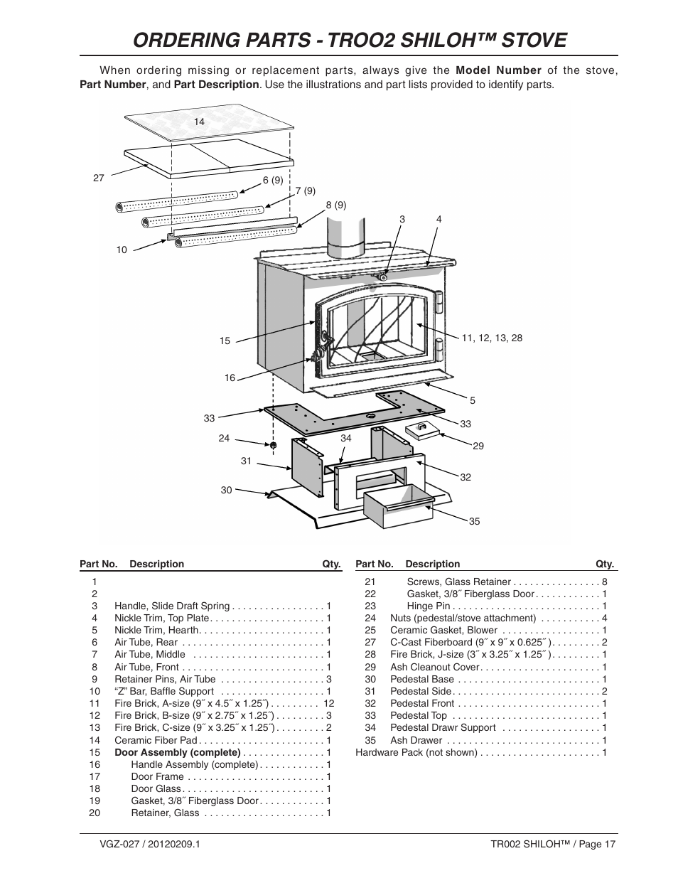 Ordering parts - troo2 shiloh™ stove | Vogelzang TR002 User Manual | Page 17 / 22