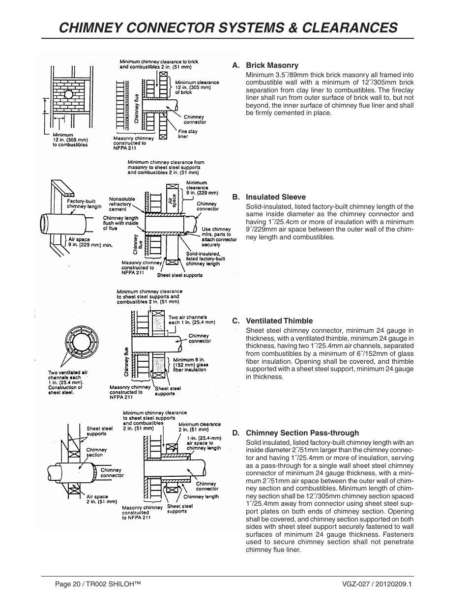 Chimney connector systems & clearances | Vogelzang TR002 User Manual | Page 20 / 22