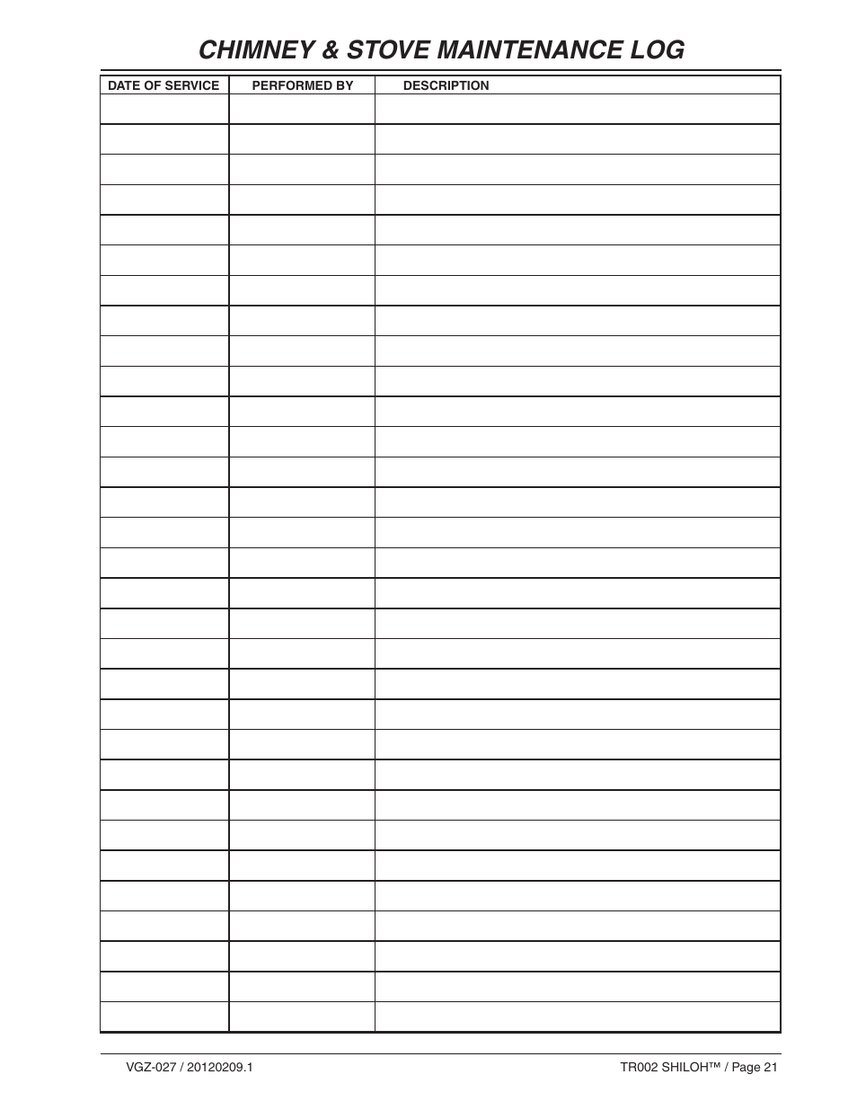 Chimney & stove maintenance log | Vogelzang TR002 User Manual | Page 21 / 22