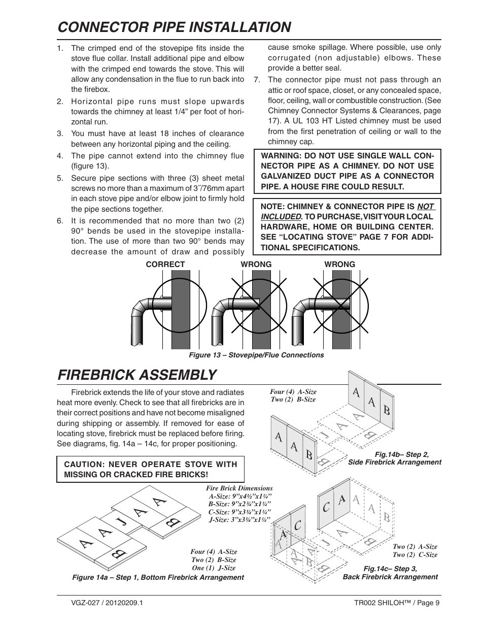 Connector pipe installation, Firebrick assembly | Vogelzang TR002 User Manual | Page 9 / 22