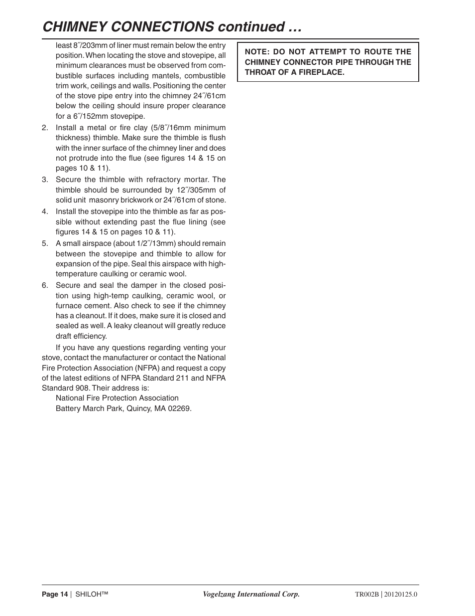 Chimney connections continued | Vogelzang TR002B User Manual | Page 14 / 26