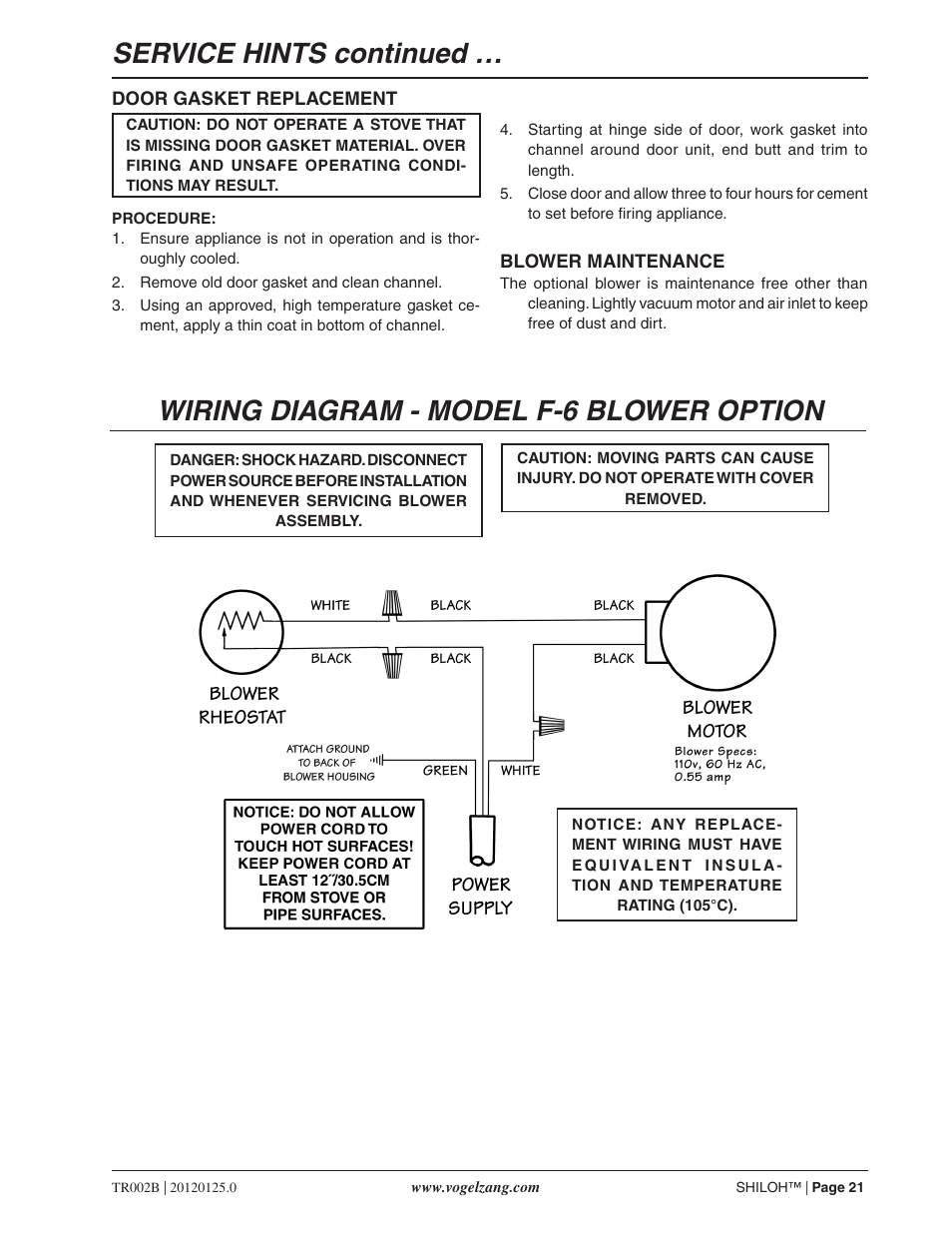 Wiring diagram - model f-6 blower option, Service hints continued | Vogelzang TR002B User Manual | Page 21 / 26