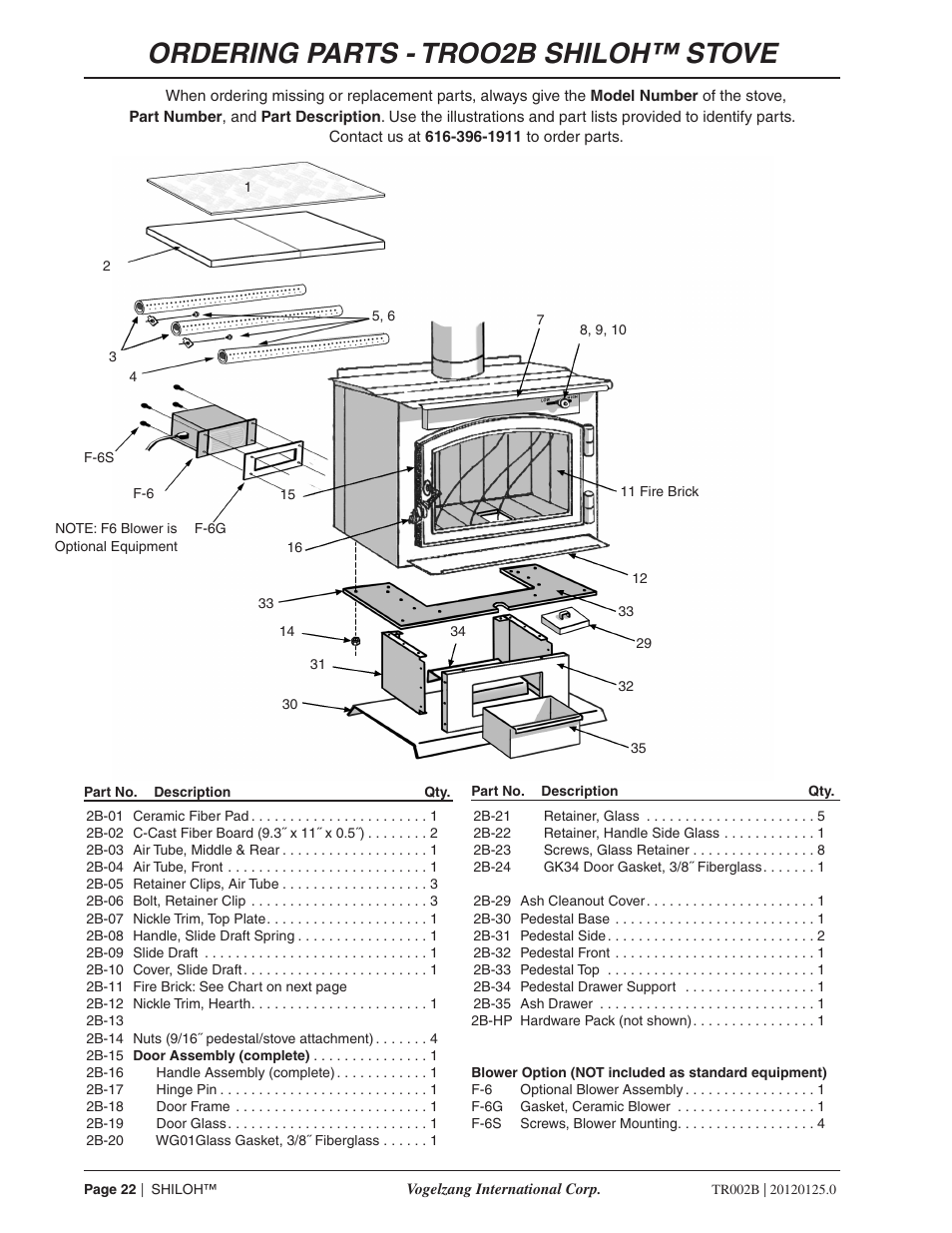 Ordering parts - troo2b shiloh™ stove | Vogelzang TR002B User Manual | Page 22 / 26