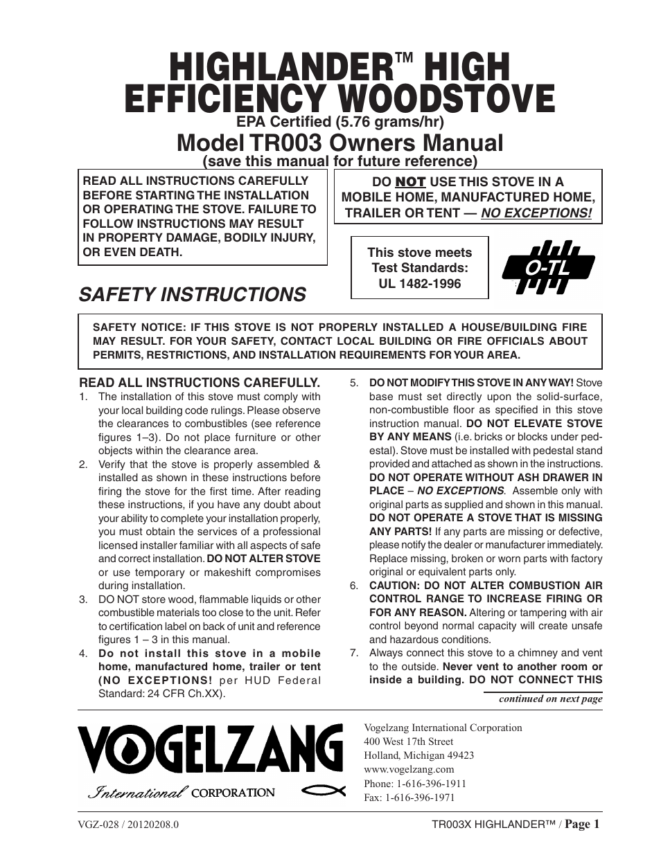 Vogelzang TR003 User Manual | 20 pages