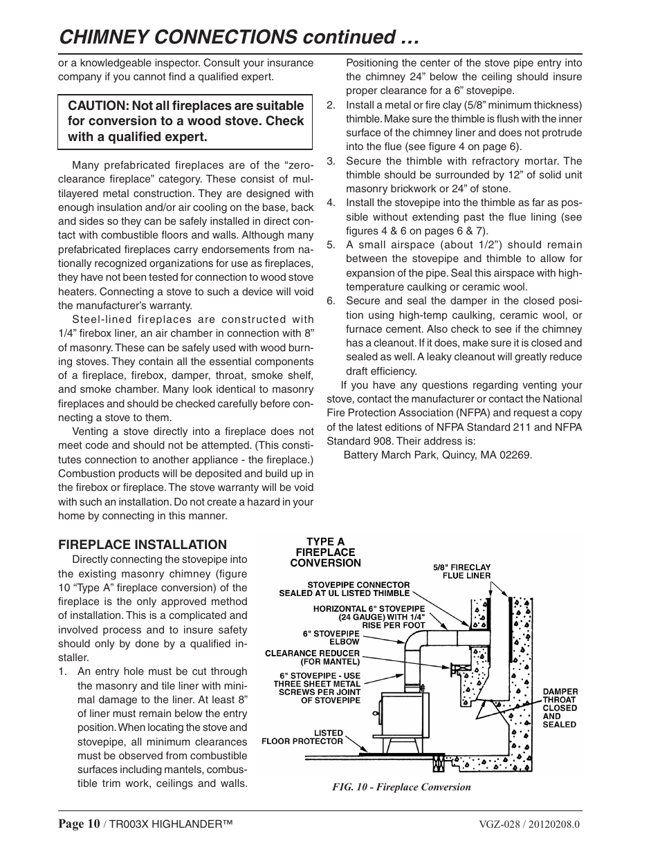 Chimney connections continued | Vogelzang TR003 User Manual | Page 10 / 20