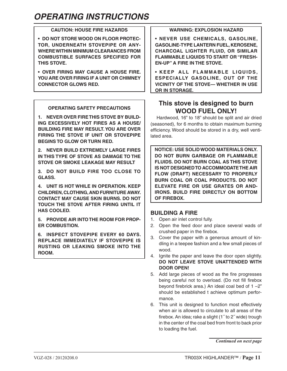 Operating instructions, This stove is designed to burn wood fuel only | Vogelzang TR003 User Manual | Page 11 / 20