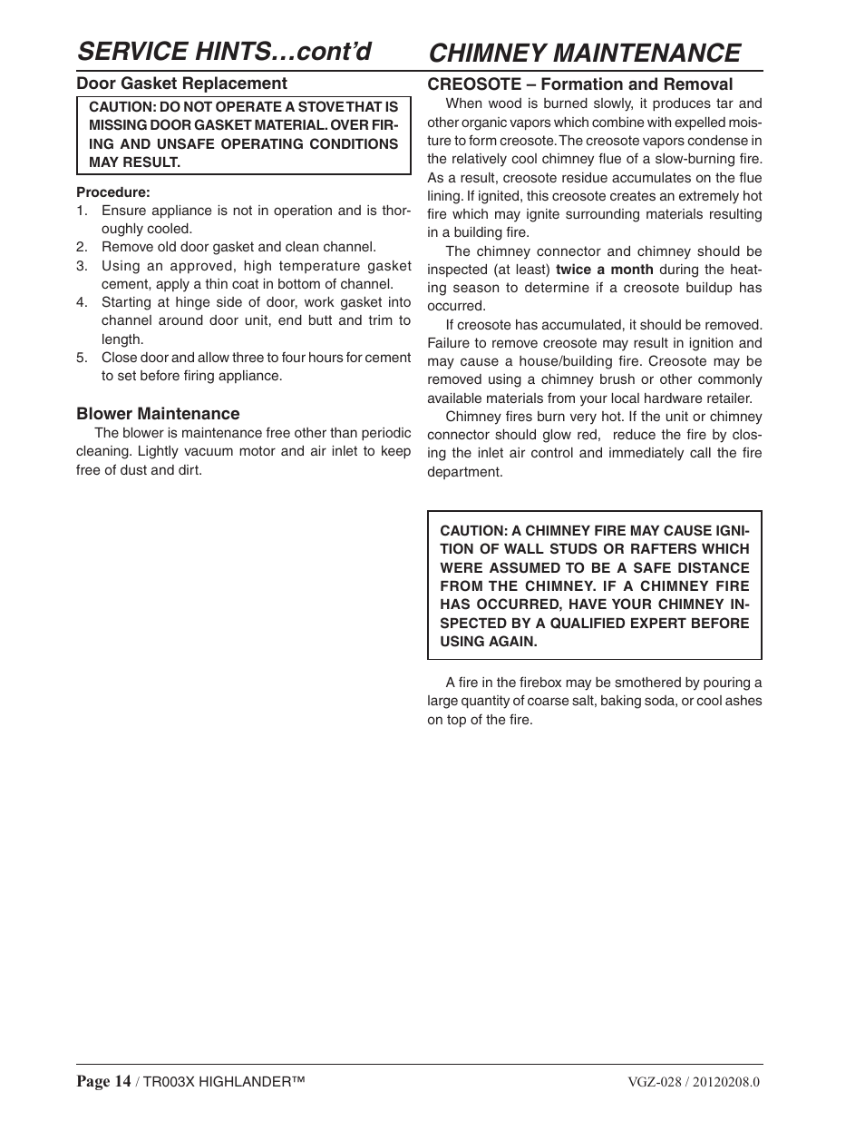 Chimney maintenance, Service hints…cont’d | Vogelzang TR003 User Manual | Page 14 / 20