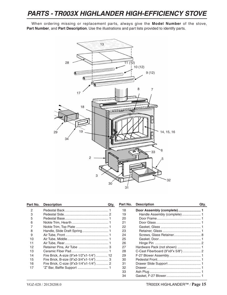 Parts - tr003x highlander high-efficiency stove, Page 15 | Vogelzang TR003 User Manual | Page 15 / 20
