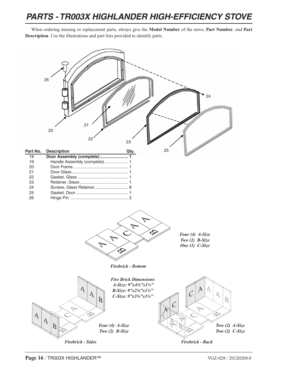 Parts - tr003x highlander high-efficiency stove, Aa c, Ab a a b | Vogelzang TR003 User Manual | Page 16 / 20