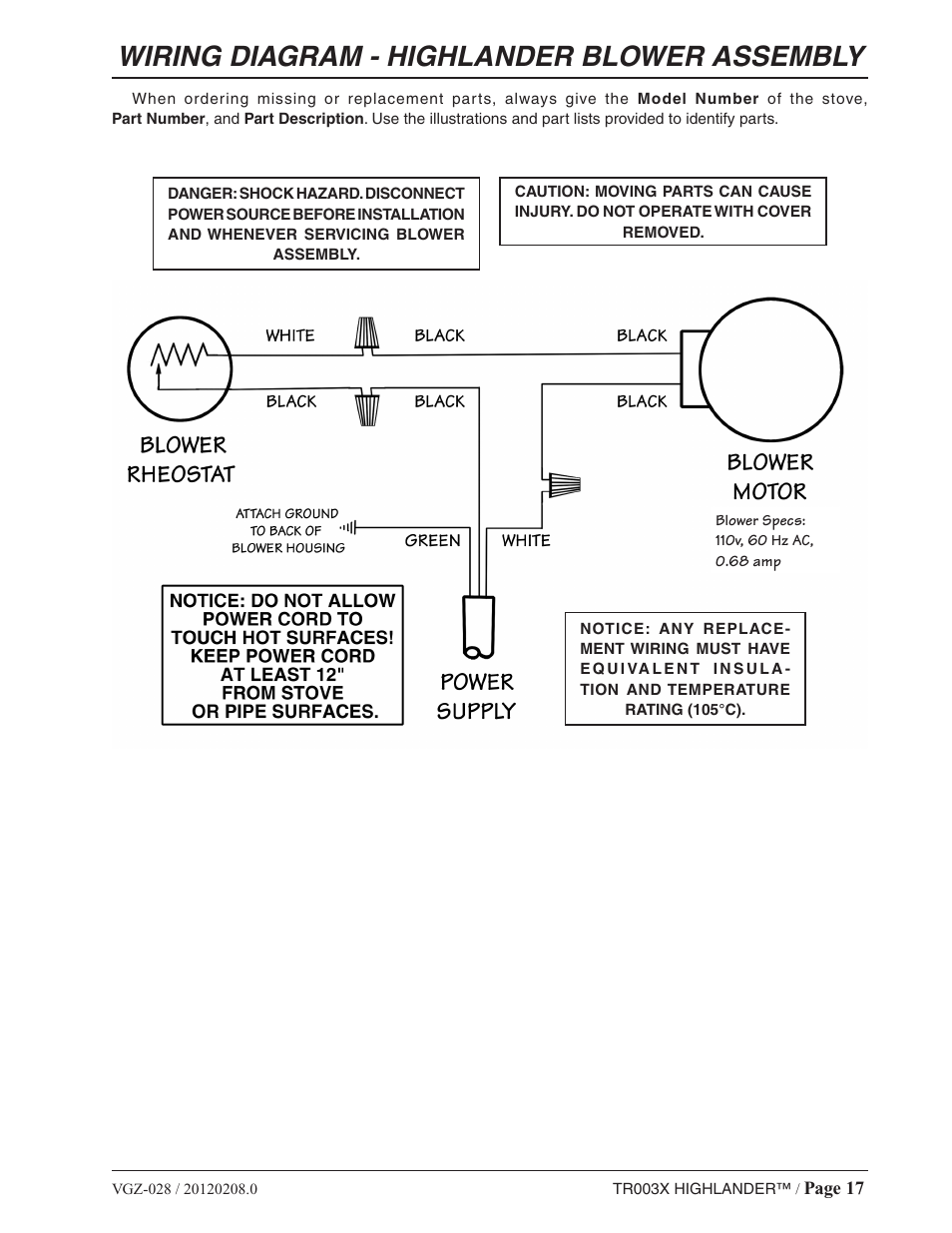 Wiring diagram - highlander blower assembly | Vogelzang TR003 User Manual | Page 17 / 20