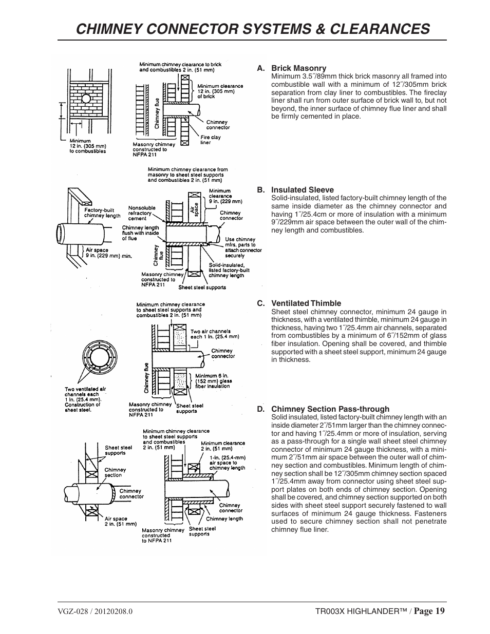 Chimney connector systems & clearances, Page 19 | Vogelzang TR003 User Manual | Page 19 / 20