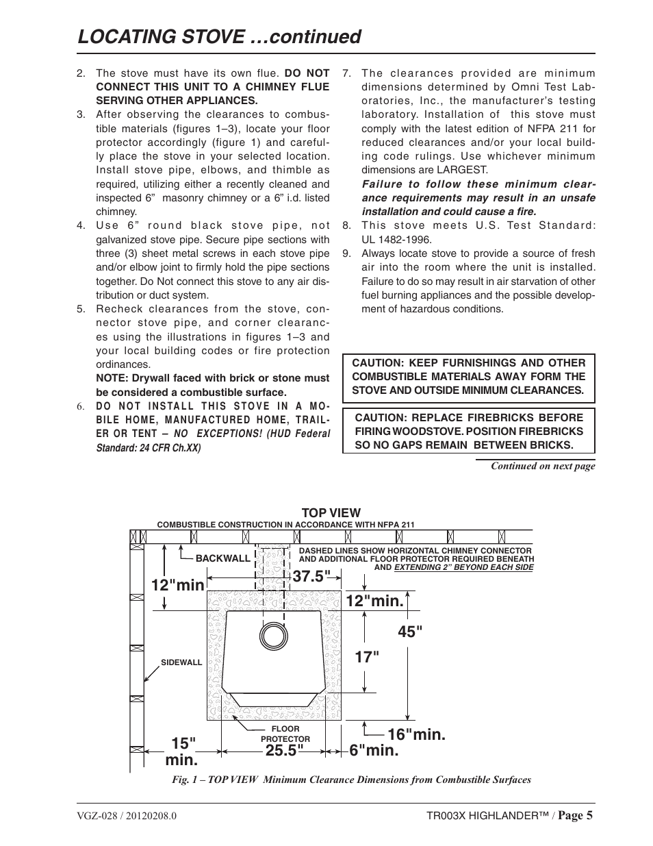 Locating stove …continued | Vogelzang TR003 User Manual | Page 5 / 20