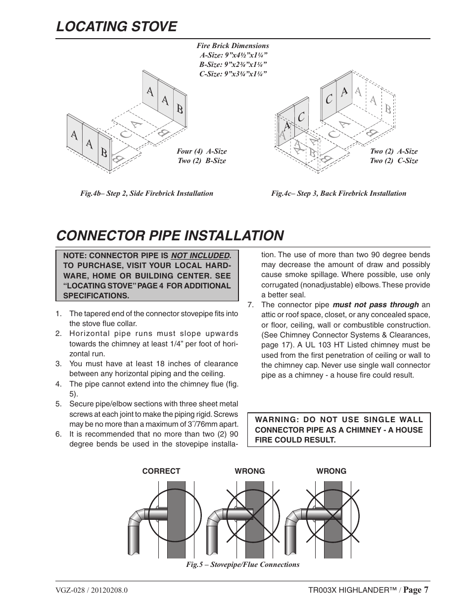 Locating stove, Connector pipe installation, Aa c | Ab a a b | Vogelzang TR003 User Manual | Page 7 / 20