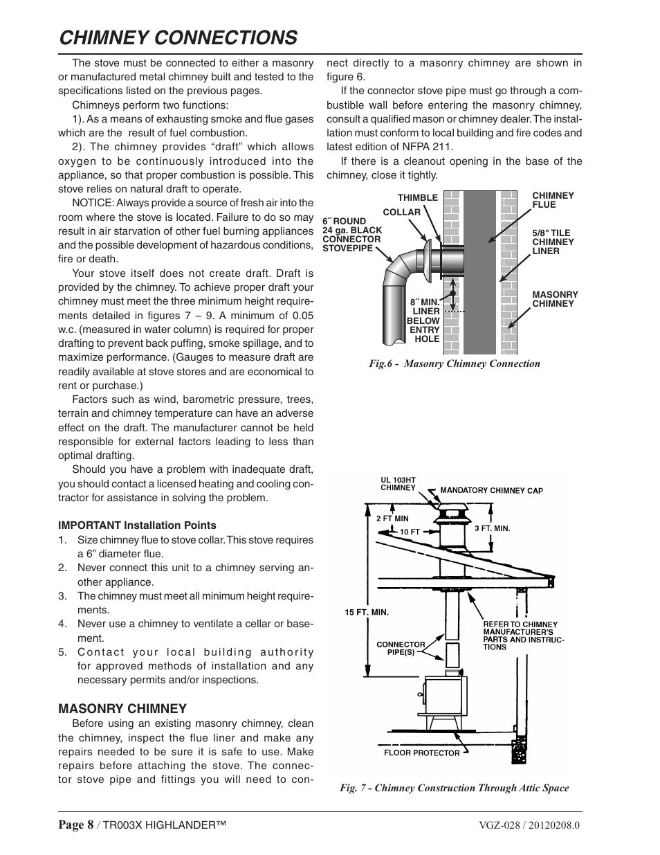 Chimney connections | Vogelzang TR003 User Manual | Page 8 / 20