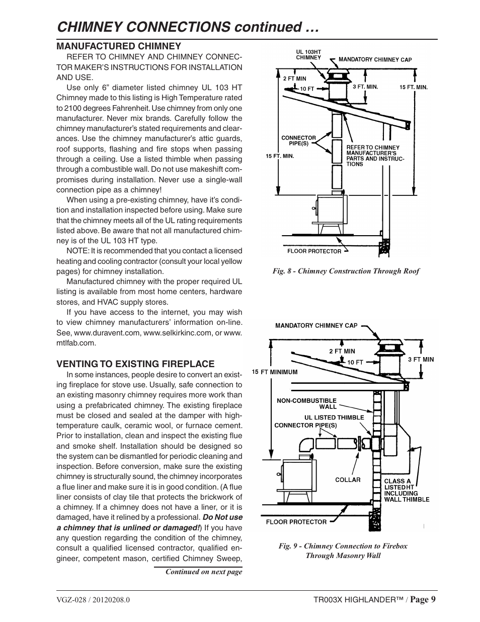 Chimney connections continued | Vogelzang TR003 User Manual | Page 9 / 20