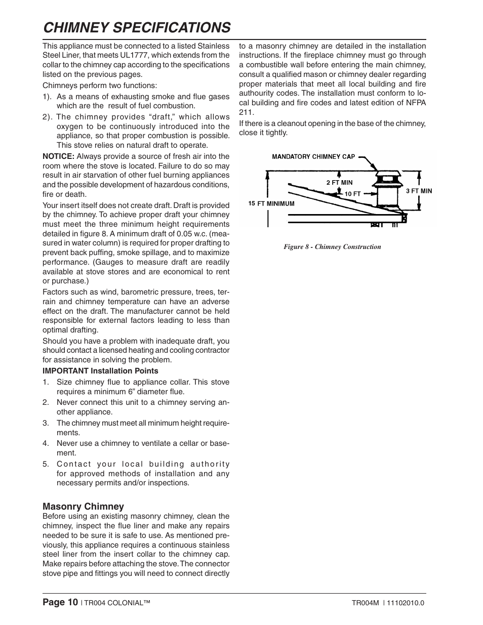 Chimney specifications | Vogelzang TR004 User Manual | Page 10 / 18