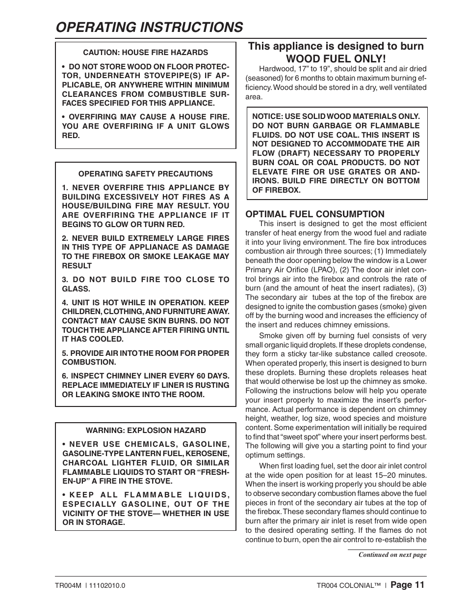 Operating instructions, This appliance is designed to burn wood fuel only | Vogelzang TR004 User Manual | Page 11 / 18