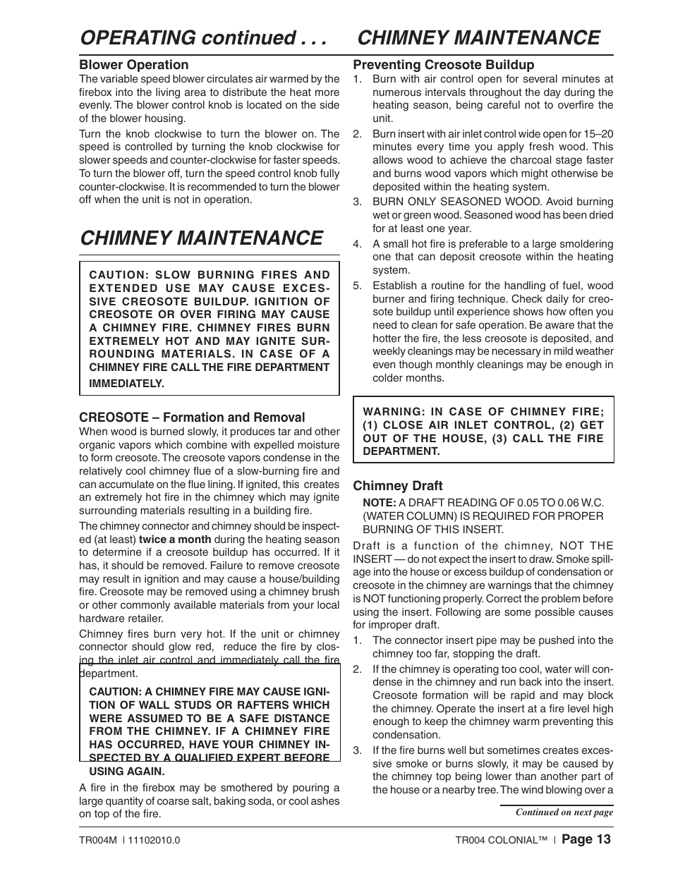 Chimney maintenance, Operating continued . . . chimney maintenance | Vogelzang TR004 User Manual | Page 13 / 18