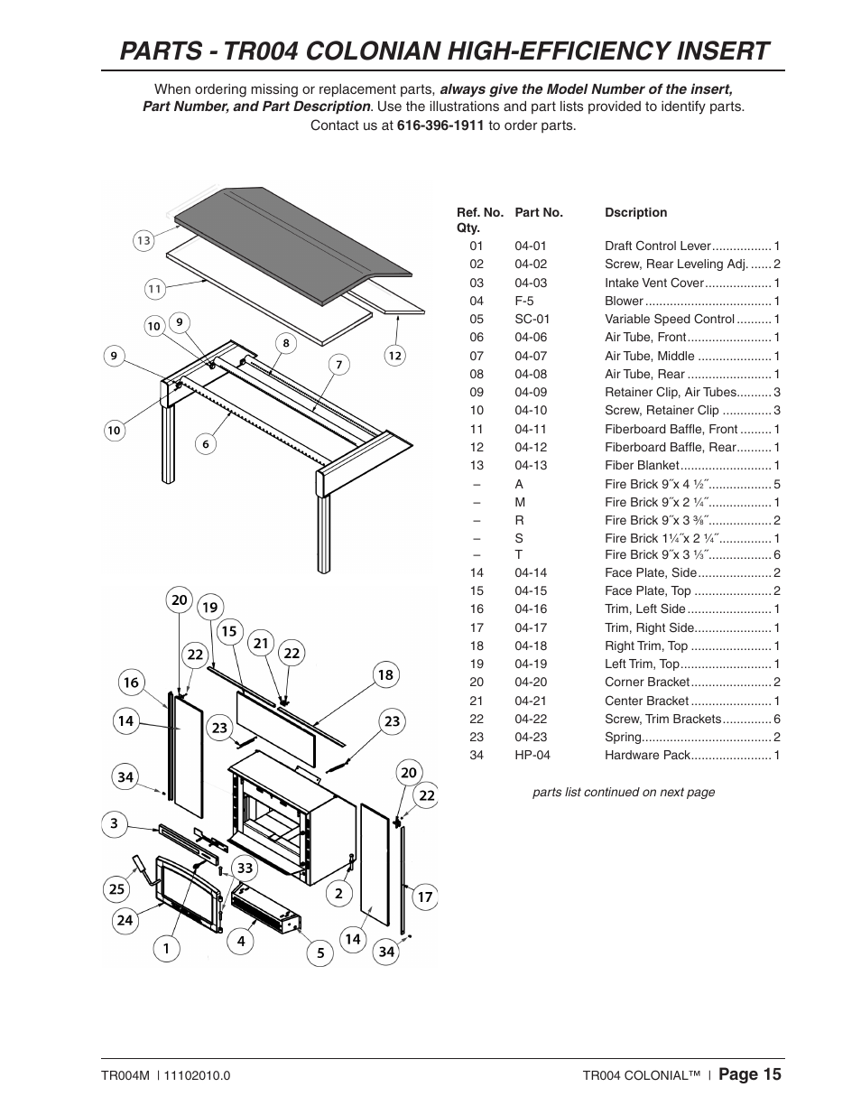 Parts - tr004 colonian high-efficiency insert, Page 15 | Vogelzang TR004 User Manual | Page 15 / 18