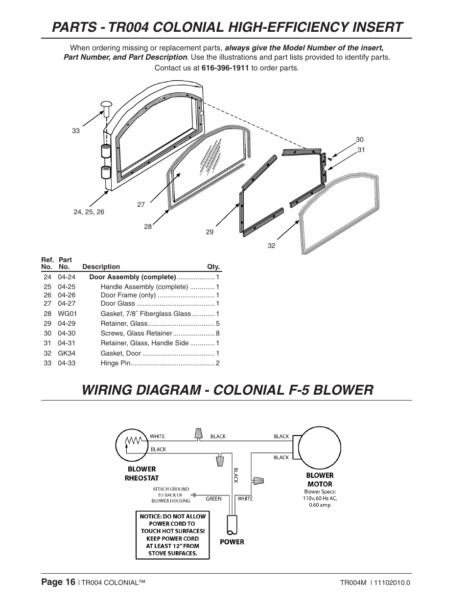Parts - tr004 colonial high-efficiency insert, Wiring diagram - colonial f-5 blower | Vogelzang TR004 User Manual | Page 16 / 18