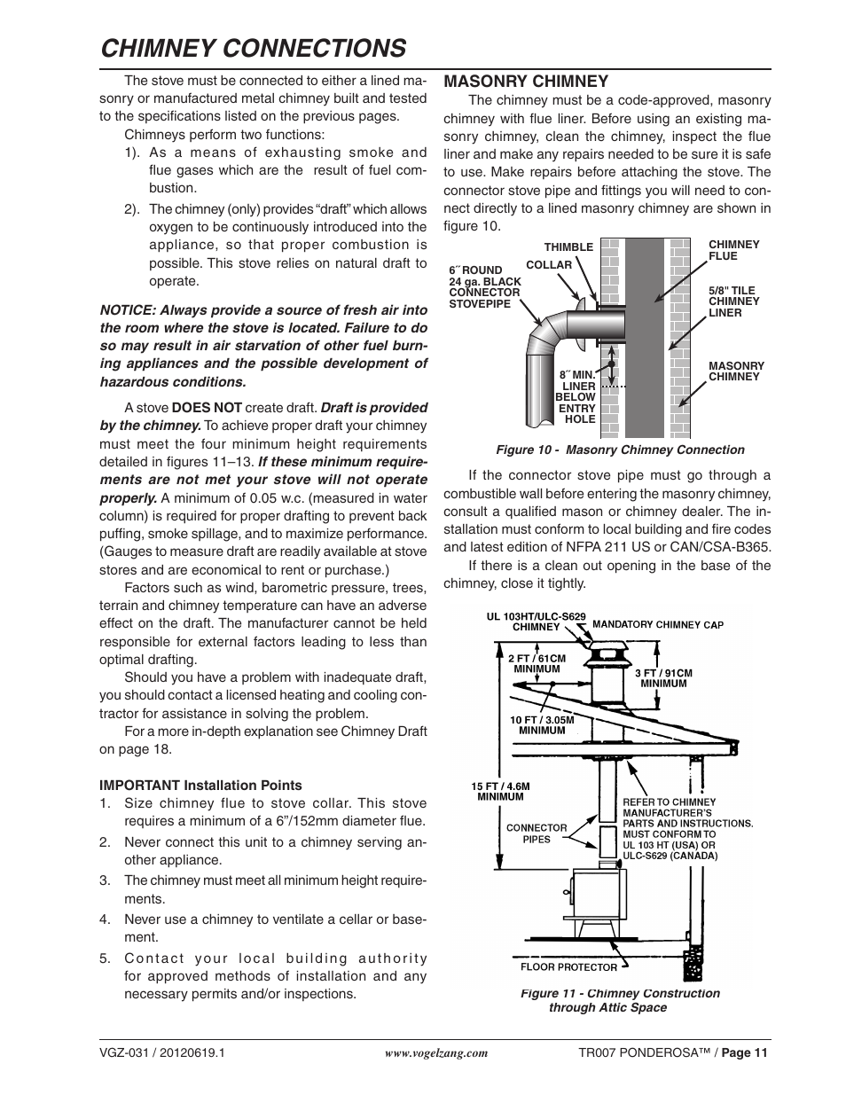 Chimney connections, Masonry chimney | Vogelzang TR007 User Manual | Page 11 / 26