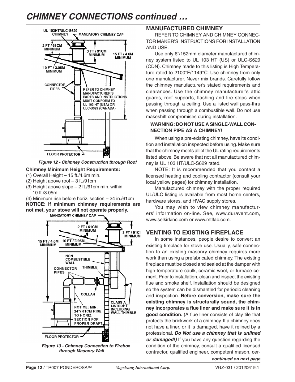 Chimney connections continued | Vogelzang TR007 User Manual | Page 12 / 26