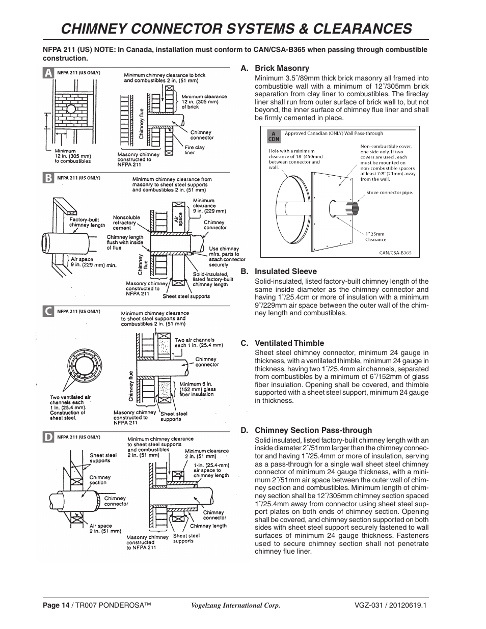 Chimney connector systems & clearances | Vogelzang TR007 User Manual | Page 14 / 26