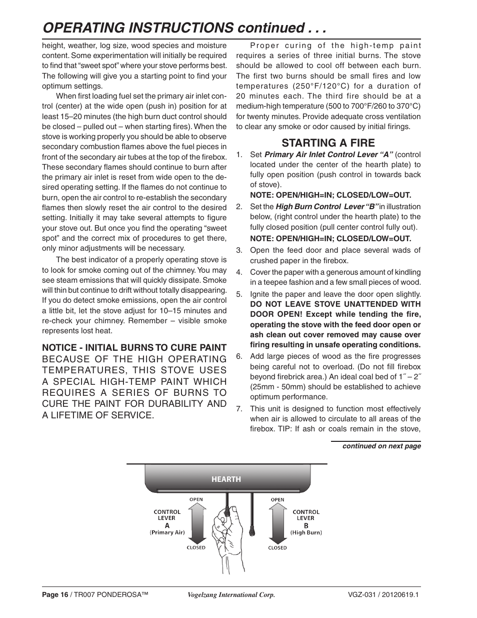Operating instructions continued, Starting a fire | Vogelzang TR007 User Manual | Page 16 / 26