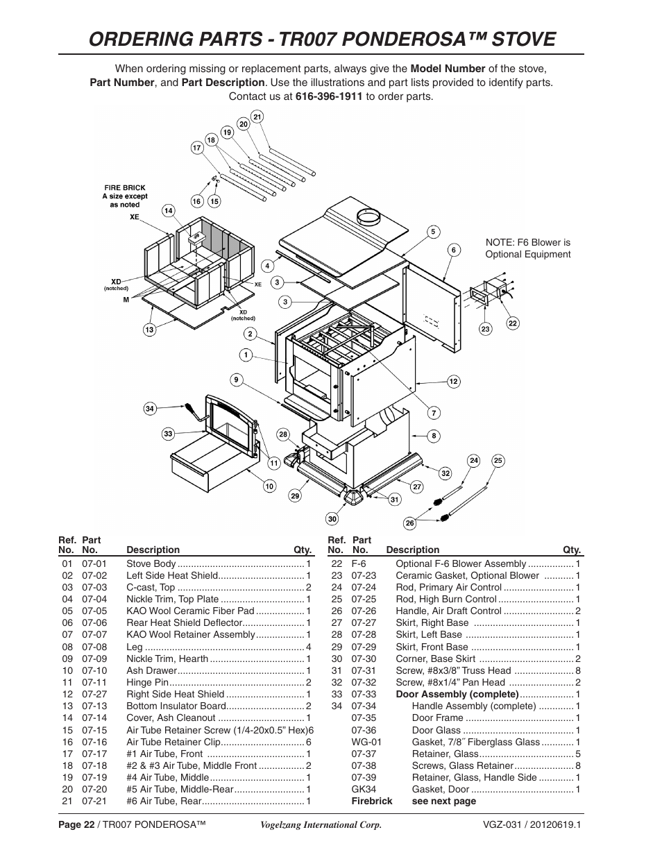 Ordering parts - tr007 ponderosa™ stove | Vogelzang TR007 User Manual | Page 22 / 26