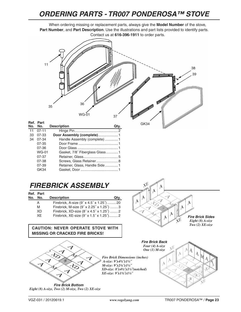 Ordering parts - tr007 ponderosa™ stove, Firebrick assembly, Aa a | Vogelzang TR007 User Manual | Page 23 / 26