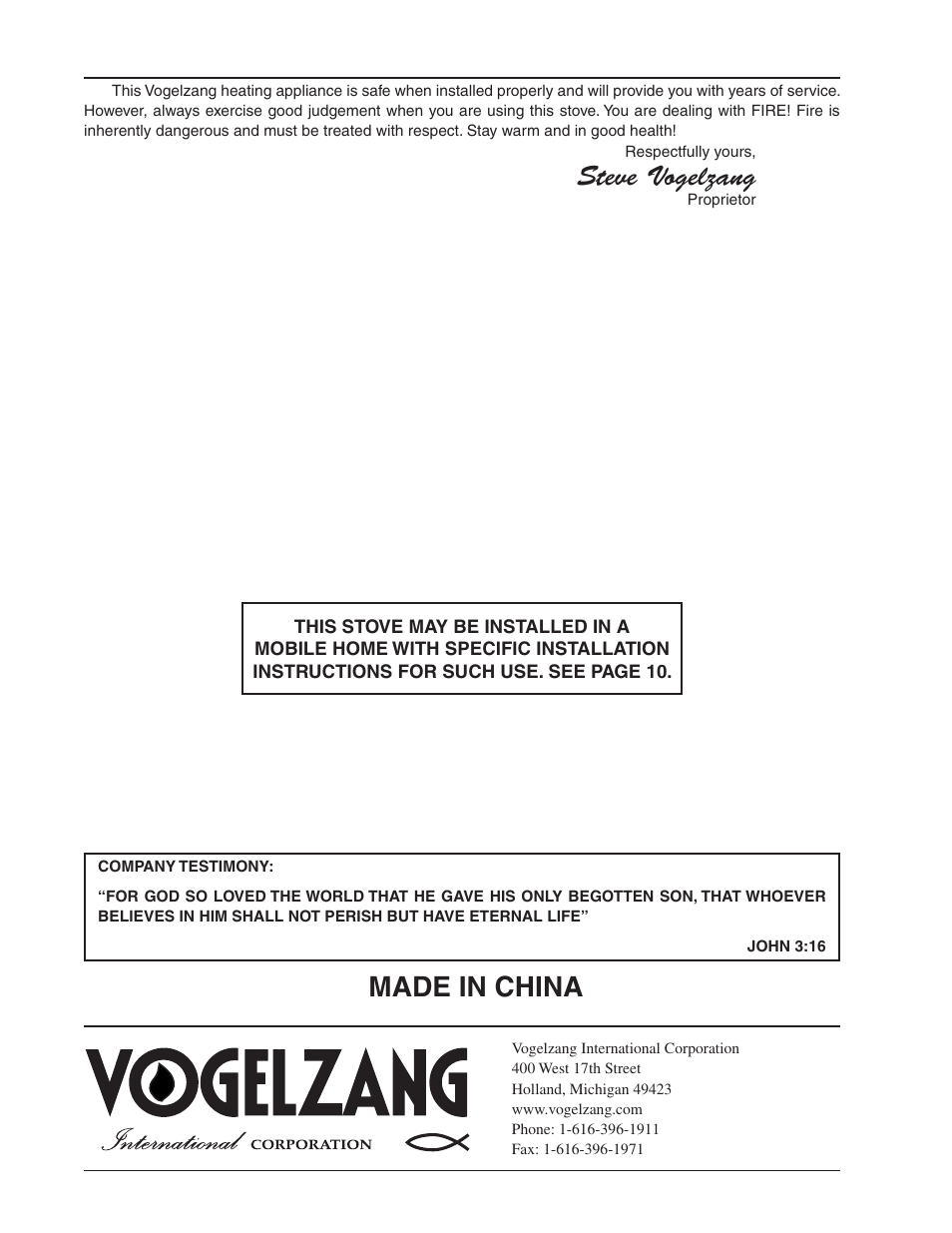 Made in china, Steve vogelzang | Vogelzang TR007 User Manual | Page 26 / 26