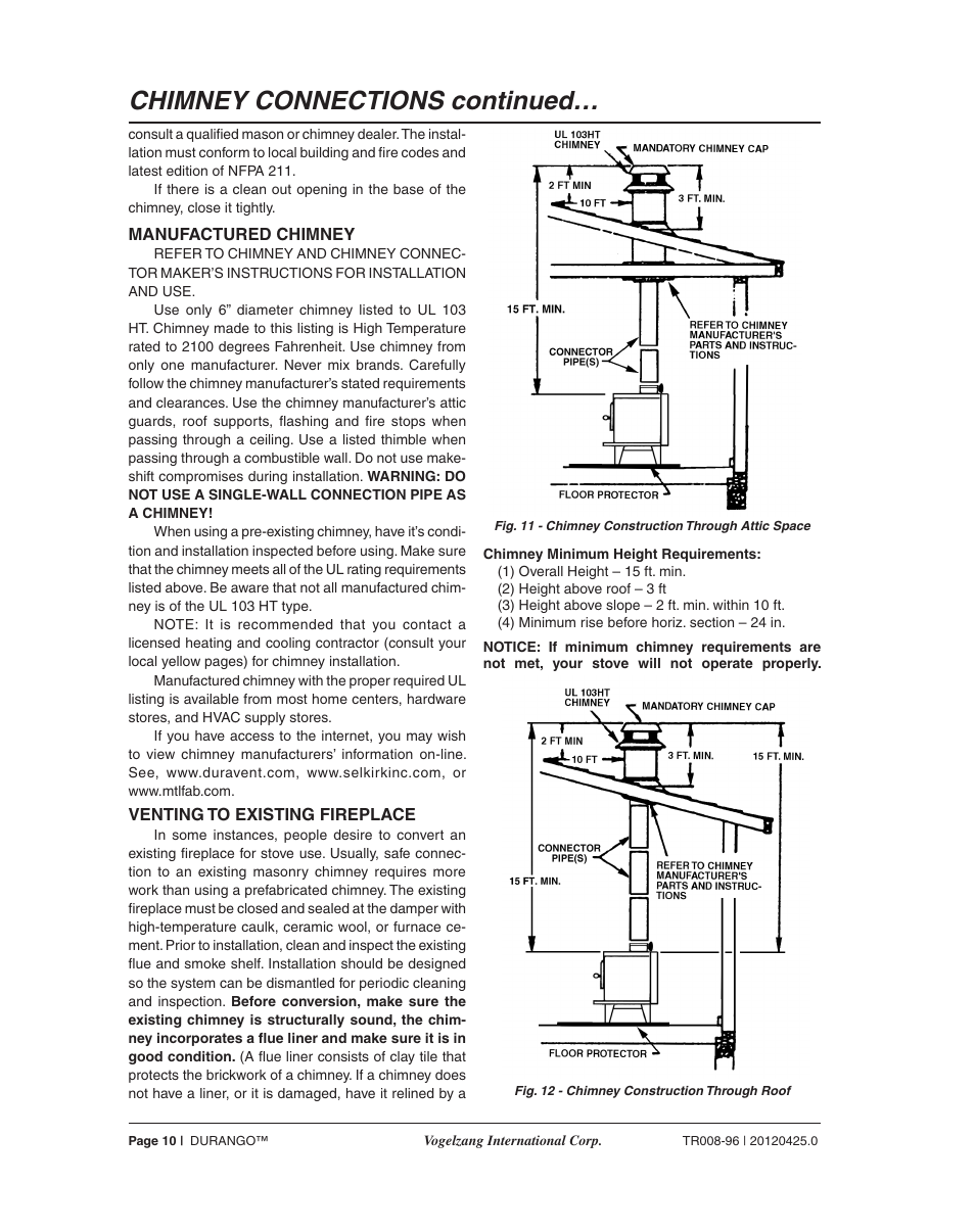 Chimney connections continued | Vogelzang TR008 User Manual | Page 10 / 24