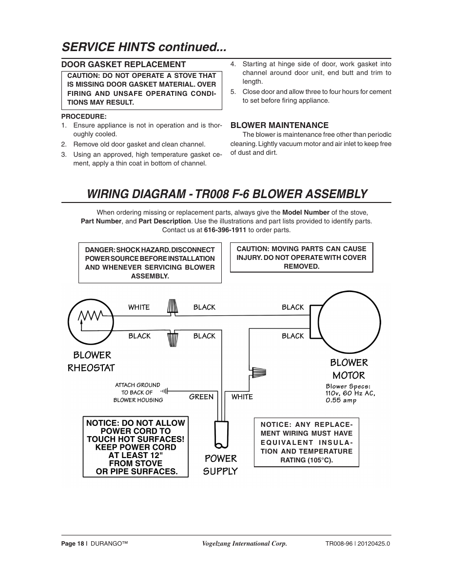 Wiring diagram - tr008 f-6 blower assembly, Service hints continued | Vogelzang TR008 User Manual | Page 18 / 24