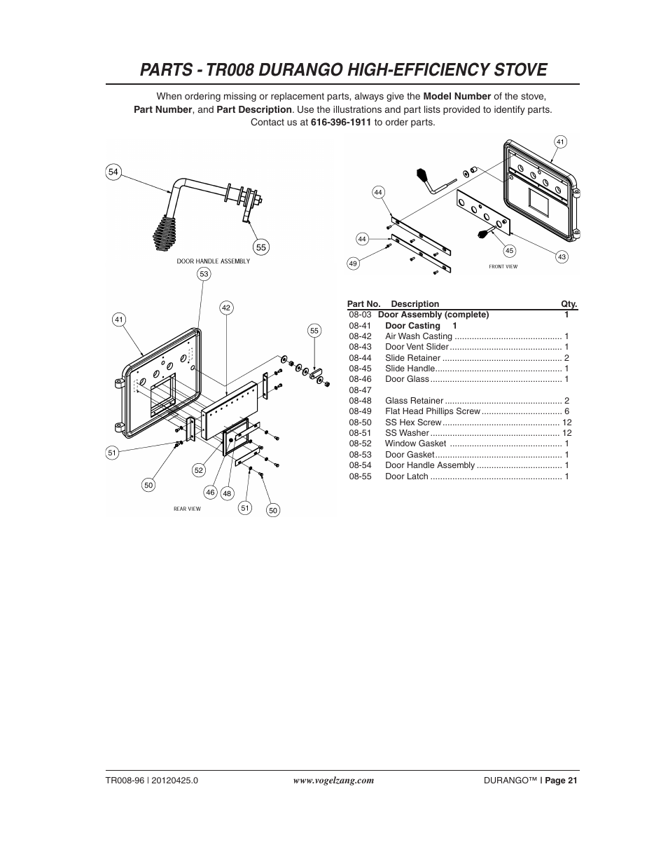 Parts - tr008 durango high-efficiency stove | Vogelzang TR008 User Manual | Page 21 / 24