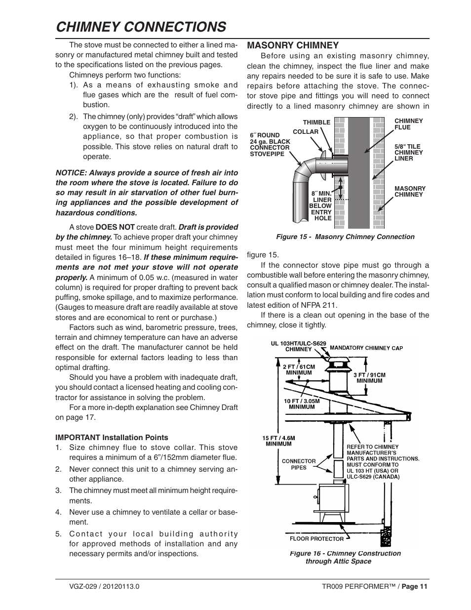 Chimney connections, Masonry chimney | Vogelzang TR009 User Manual | Page 11 / 24