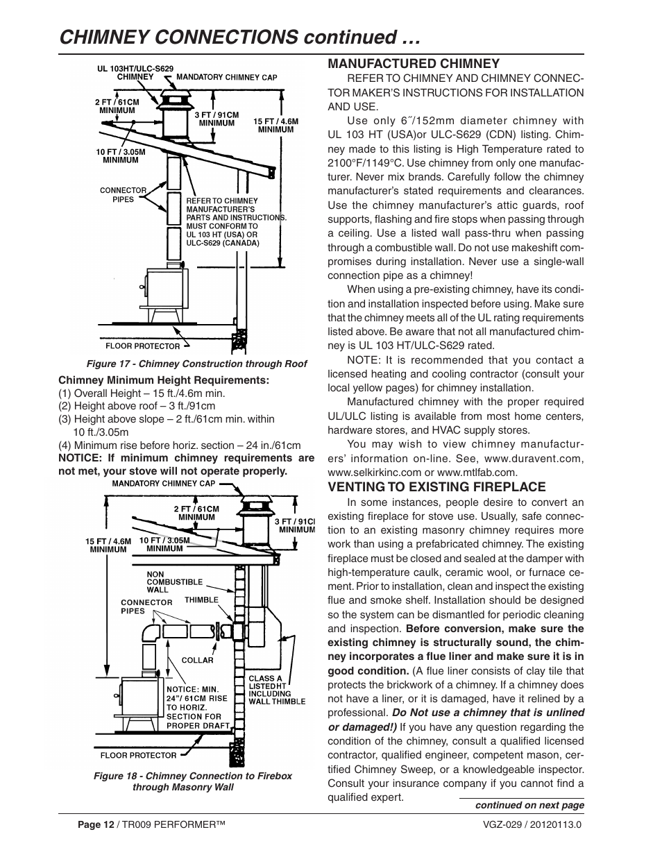 Chimney connections continued | Vogelzang TR009 User Manual | Page 12 / 24