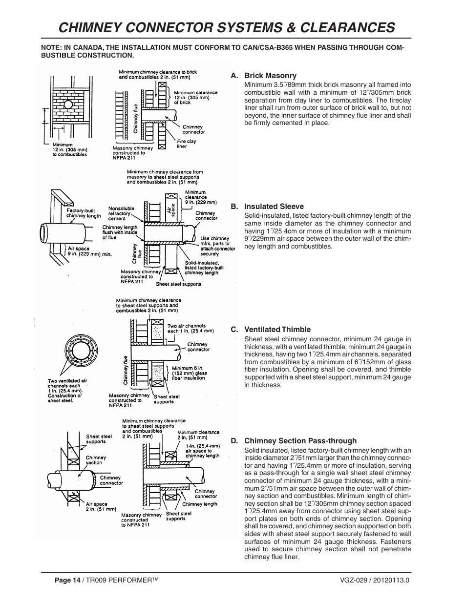 Chimney connector systems & clearances | Vogelzang TR009 User Manual | Page 14 / 24
