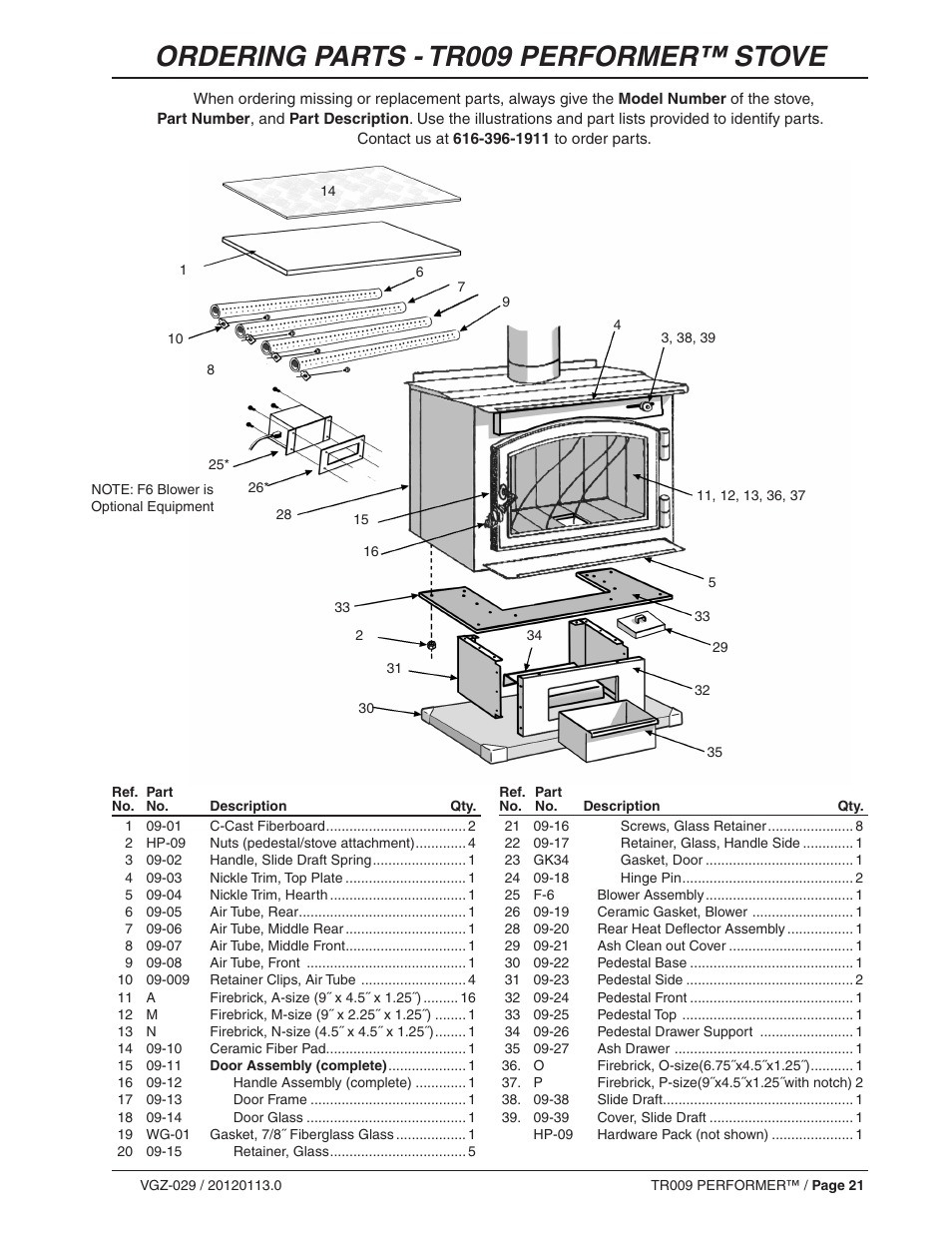 Ordering parts - tr009 performer™ stove | Vogelzang TR009 User Manual | Page 21 / 24