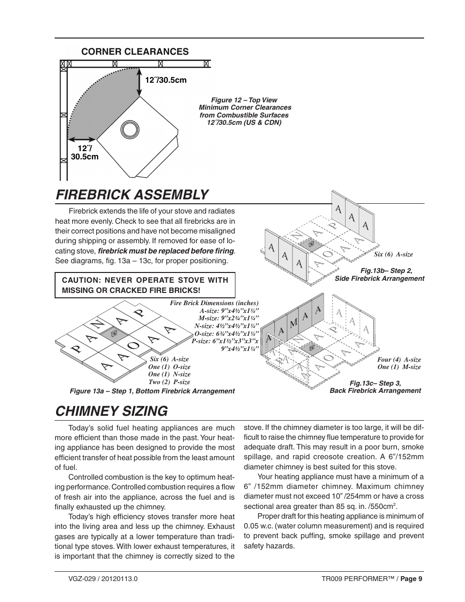 Firebrick assembly, Chimney sizing | Vogelzang TR009 User Manual | Page 9 / 24