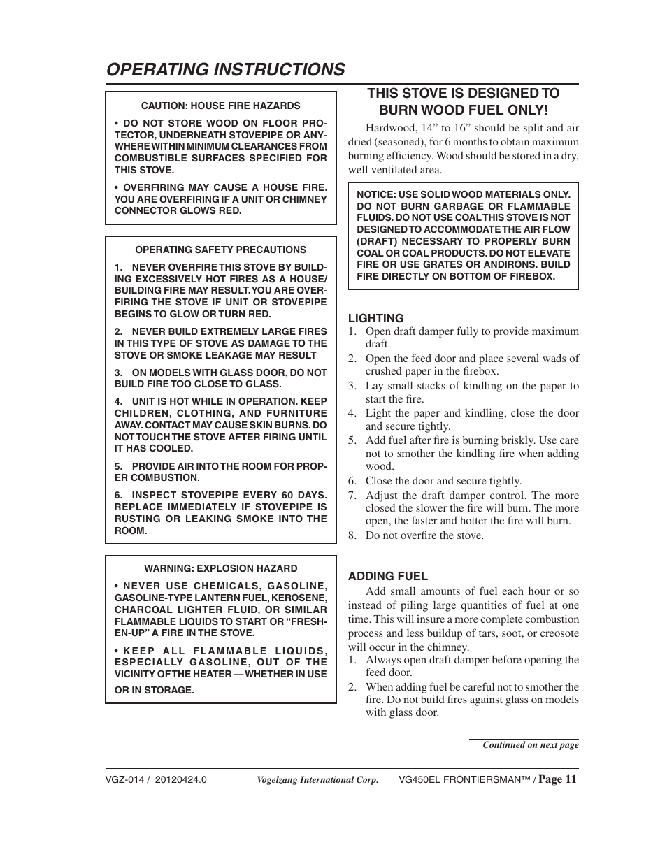 Operating instructions, This stove is designed to burn wood fuel only | Vogelzang VG450ELGB User Manual | Page 11 / 20