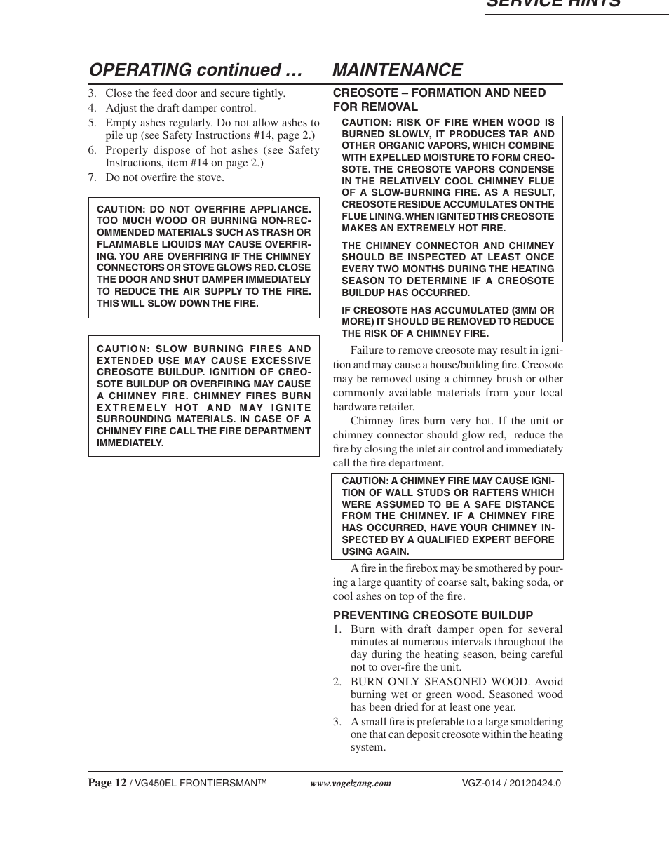 Operating continued, Service hints maintenance | Vogelzang VG450ELGB User Manual | Page 12 / 20