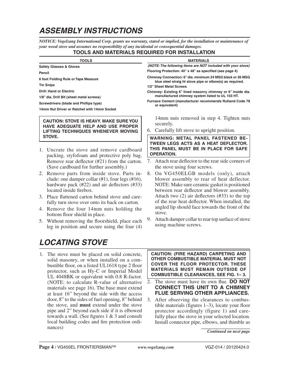 Assembly instructions, Locating stove | Vogelzang VG450ELGB User Manual | Page 4 / 20