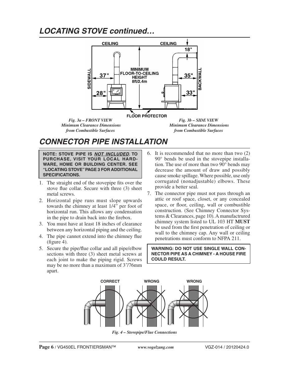 Connector pipe installation, Locating stove continued | Vogelzang VG450ELGB User Manual | Page 6 / 20