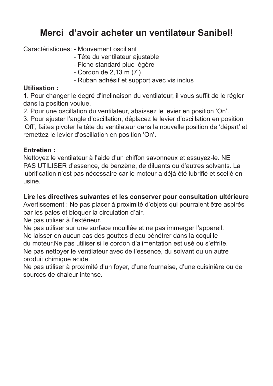Merci d’avoir acheter un ventilateur sanibel | Caframo 760CA-WBX User Manual | Page 4 / 6