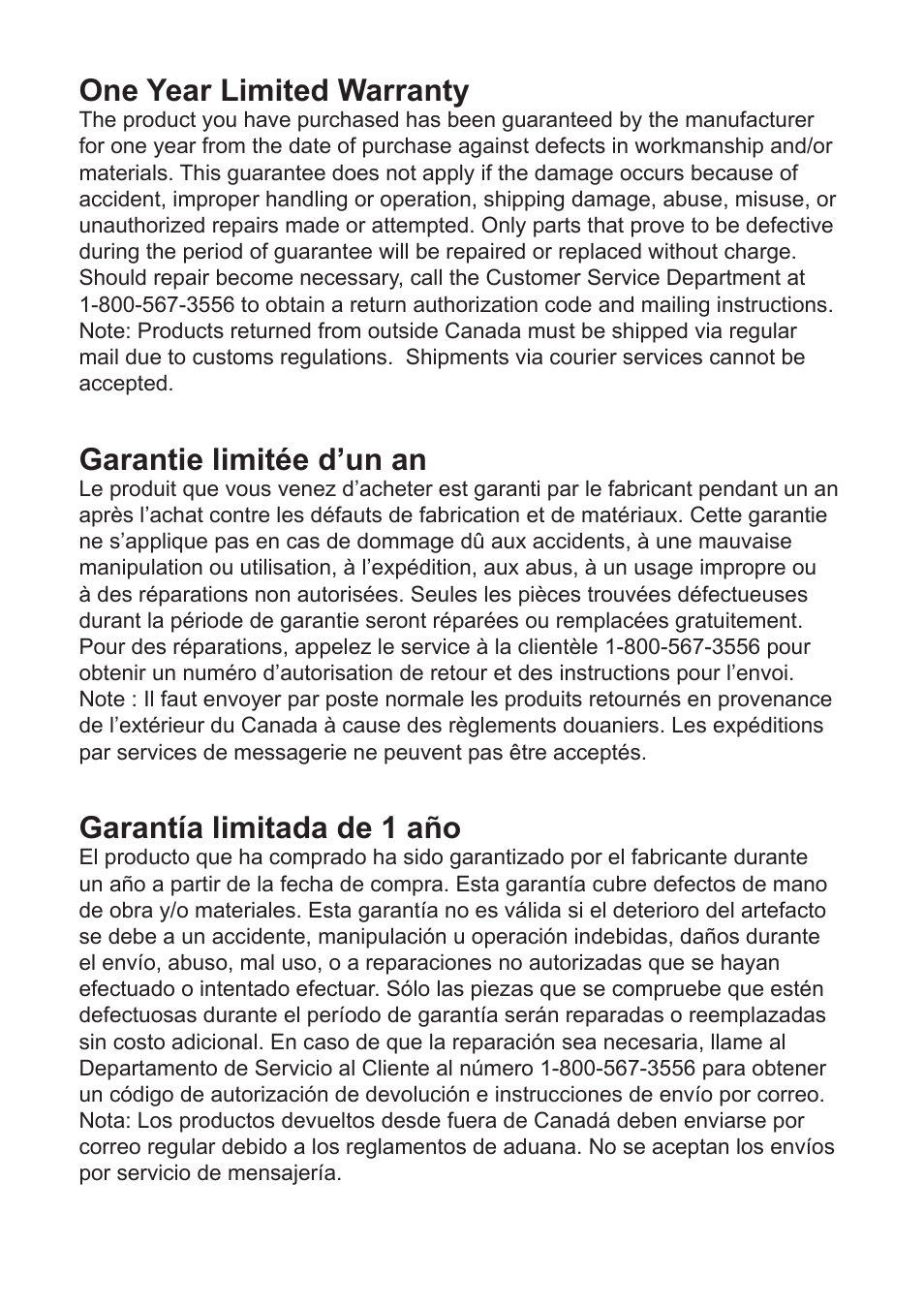 One year limited warranty, Garantie limitée d’un an, Garantía limitada de 1 año | Caframo 760CA-WBX User Manual | Page 6 / 6