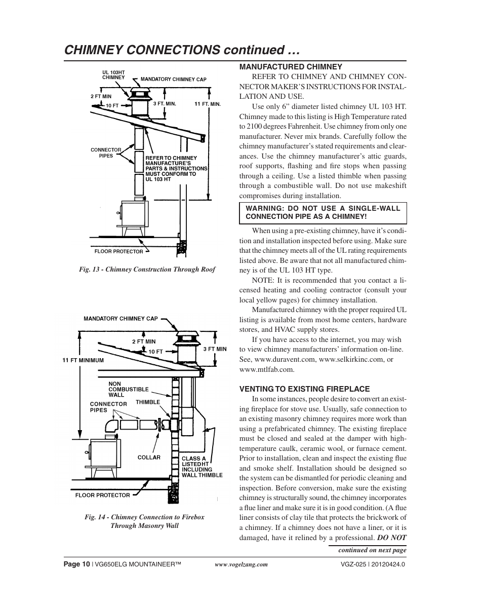 Chimney connections continued | Vogelzang VG650ELG User Manual | Page 10 / 22