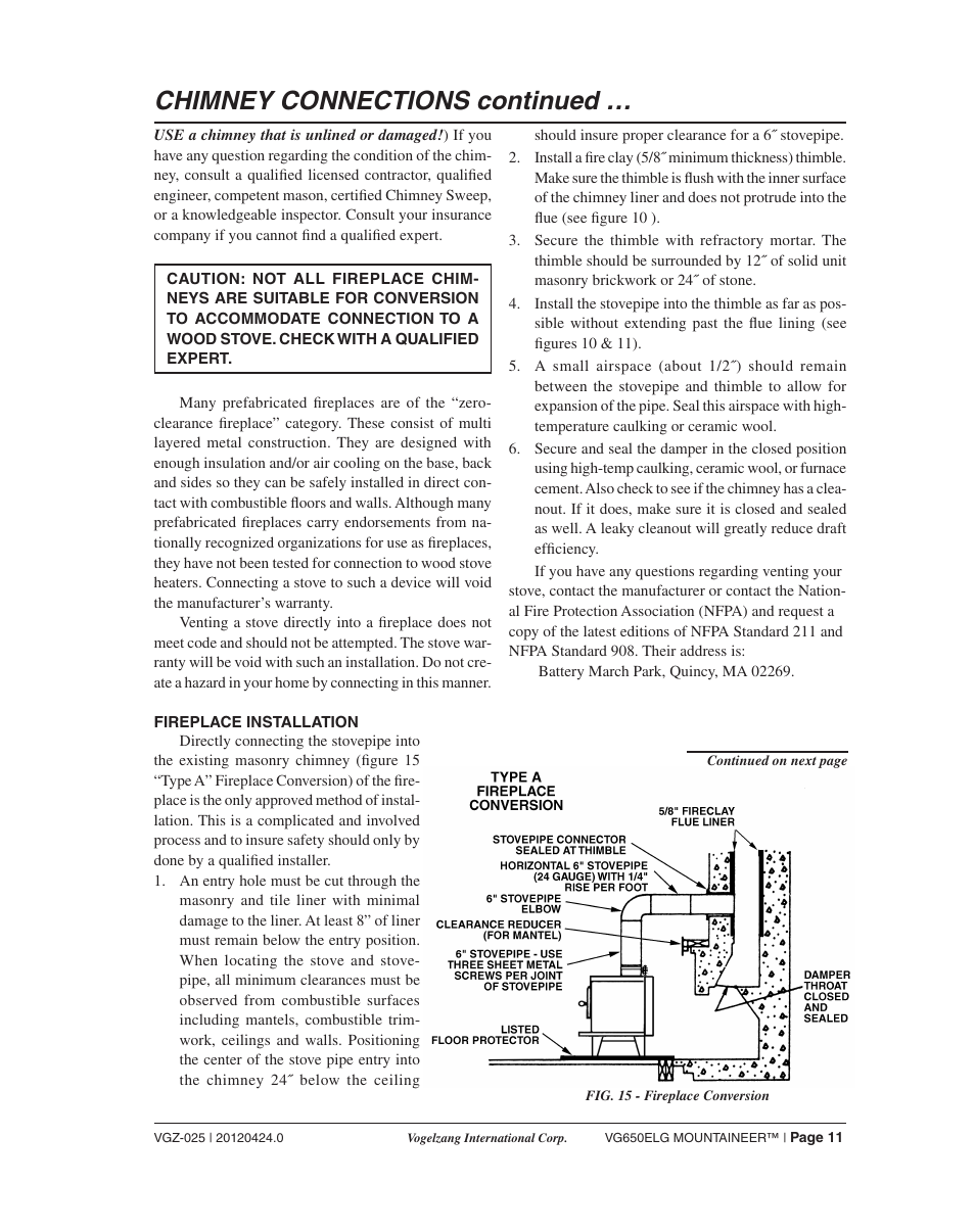 Chimney connections continued | Vogelzang VG650ELG User Manual | Page 11 / 22