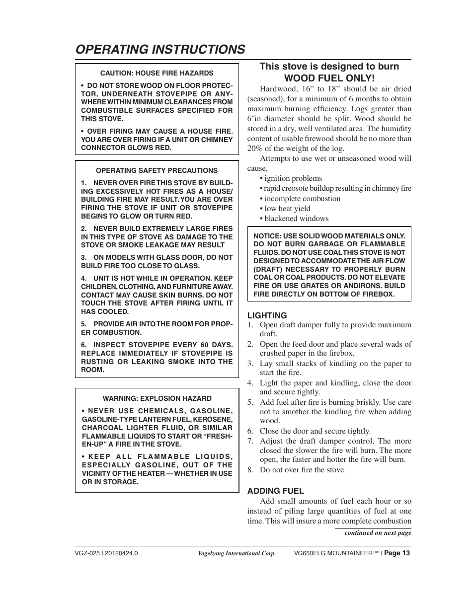 Operating instructions, This stove is designed to burn wood fuel only | Vogelzang VG650ELG User Manual | Page 13 / 22